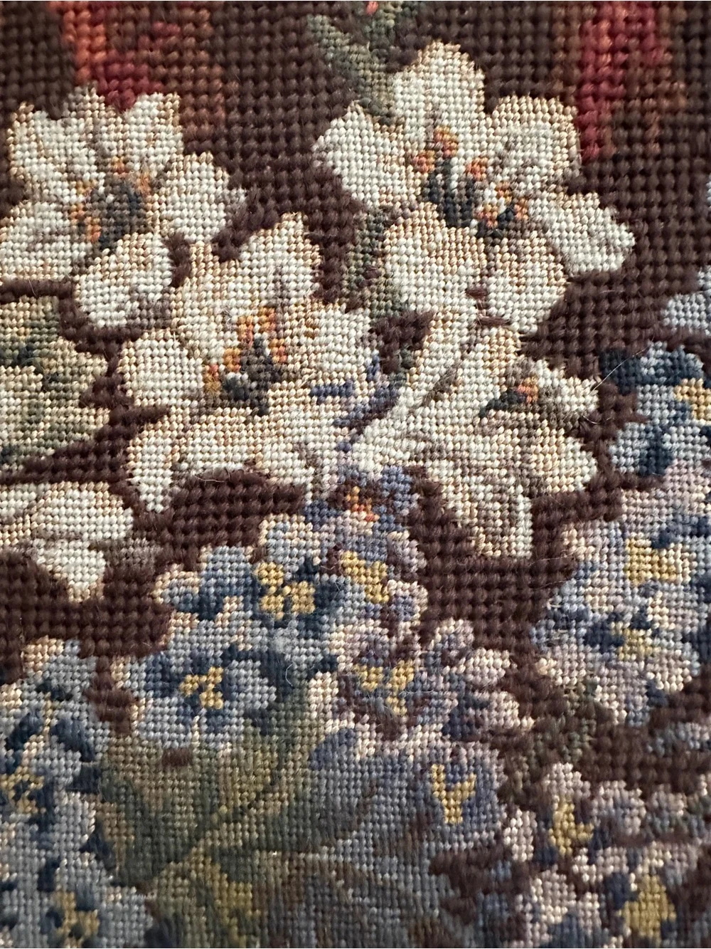 VINTAGE Framed Floral Needlepoint Art in Gold Frame- size 20-1/2” long x 15”wide